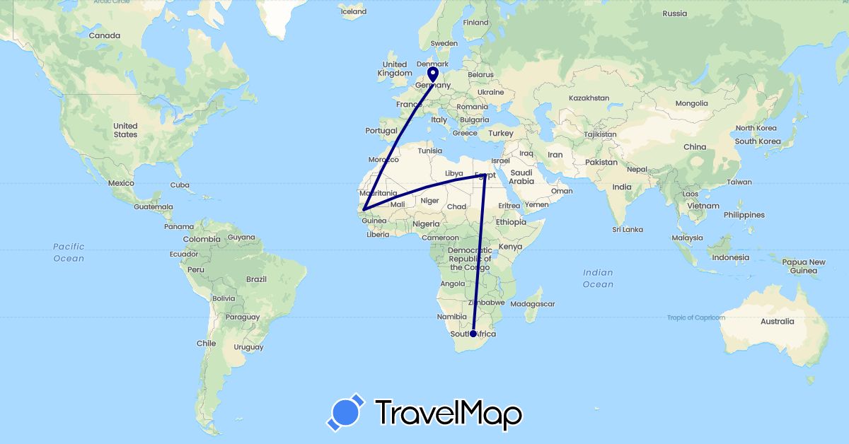 TravelMap itinerary: driving in Germany, Egypt, Senegal, South Africa (Africa, Europe)